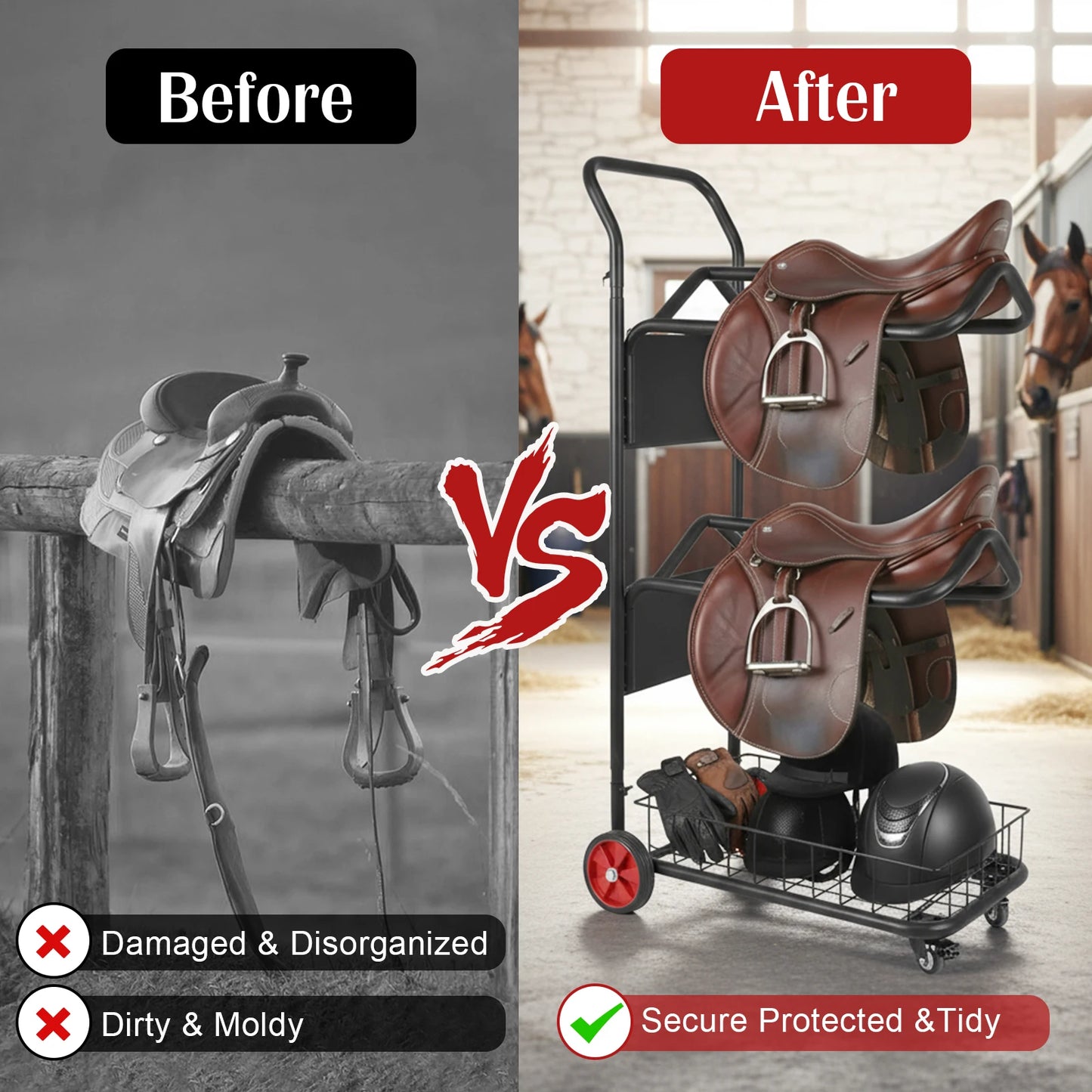 Rolling Horse Saddle Rack Cart with Wheel Saddle Pad Rack Stand for Storage Moving Organize Transport Supplies