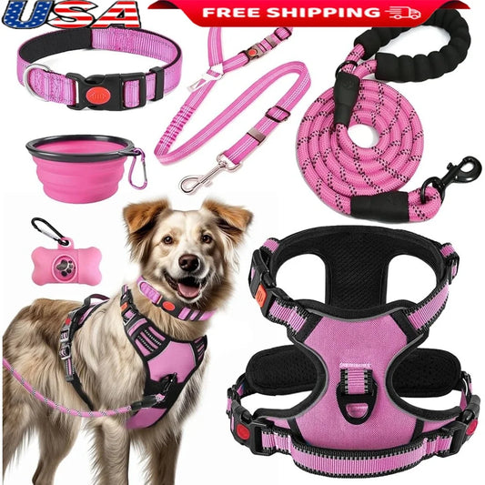 Dog Harness Collar Leash Set with Seat Belt Portable Bowls Poop Dispenser Ergonomic No Pull Design Walking Training