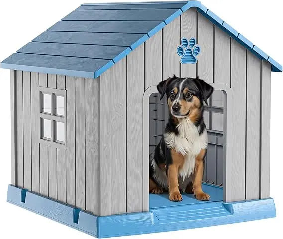 Indoor Outdoor Dog House Kennel, Peaked Deck Design, Waterproof and Warm Shelter for Dogs, Grey Blue Color