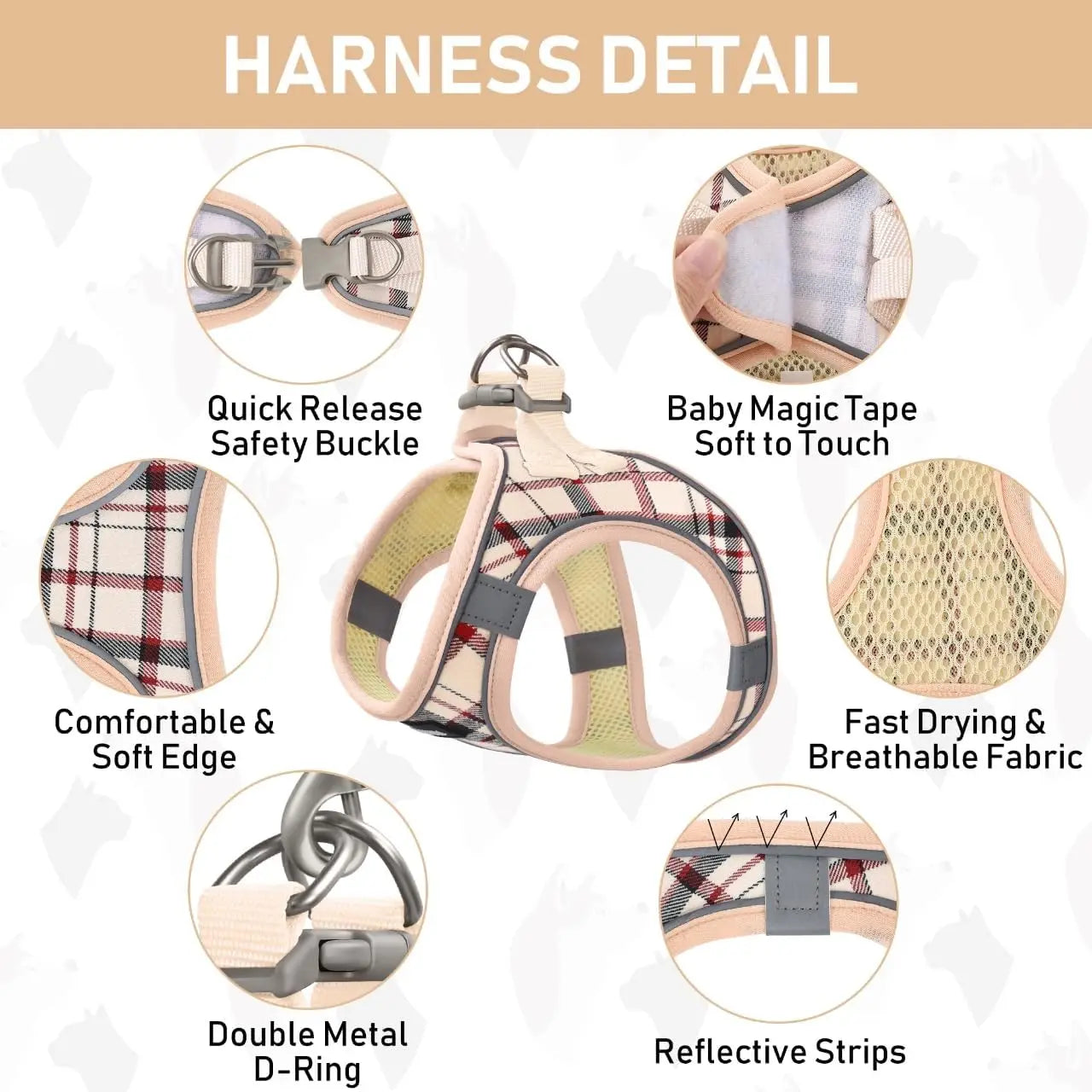 Small Dog Harness Collar Leash Set, Step-in No Pull Adjustable Mesh Vest with Reflective Plaid for Puppy Cat Rabbit (Beige, S)