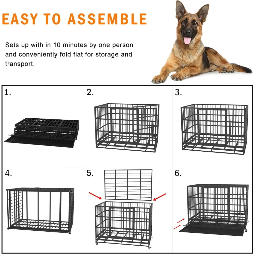 48/42/38 inch Heavy Duty Indestructible and Escape-Proof Dog Crate Cage Kennel for Large Dogs, High Anxiety Dog Crate with Remov