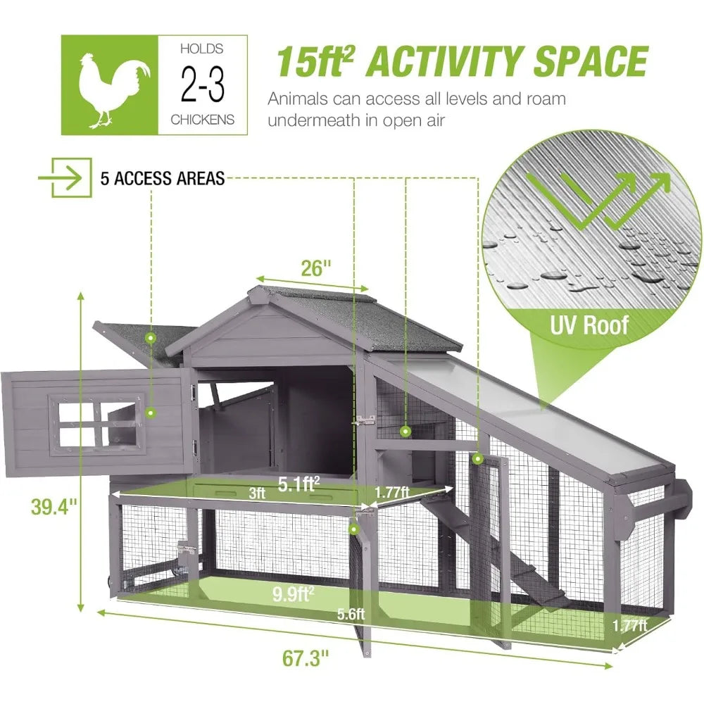 Portable Expandable Chicken Tractor with Wheels for Outdoor Hen Housing, Suitable for 2-4 Chickens, 67.3" Length