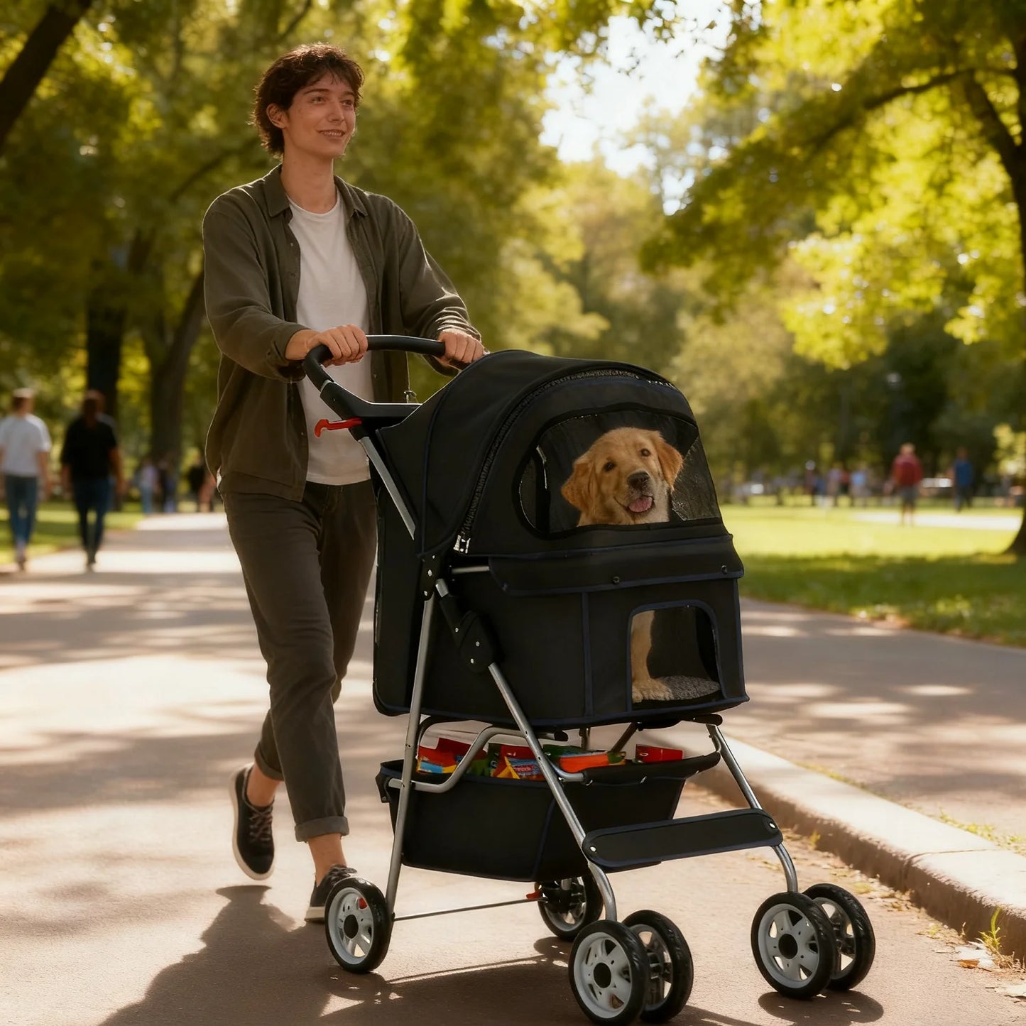 4 Wheels Dog Stroller,Pet Stroller Folding Carrier Waterproof Puppy with Cup Holder & Removable Liner for Small Medium Dogs Cats
