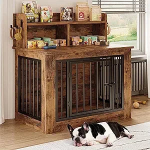 Dog Crate Furniture, 33.4 inches Wooden Small Dog Crate with Storage and 4 Hooks, Heavy Duty Pet Crate for Small Dog, Decorativ