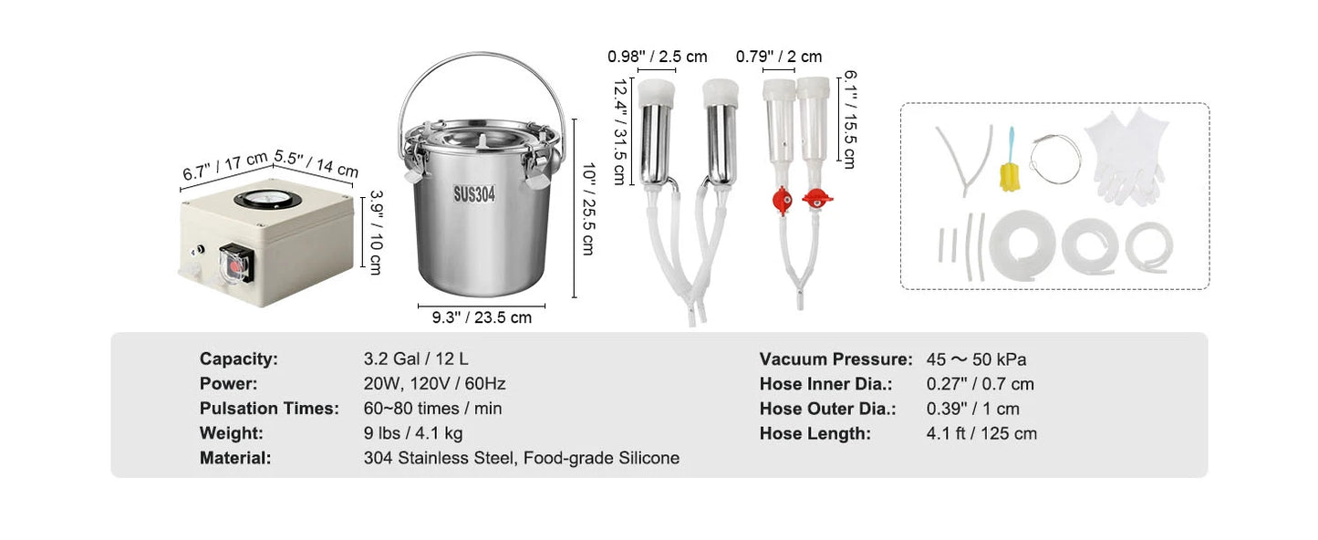SucceBuy Goat Milking Machine Stainless Steel Bucket Electric Automatic Pulsation Cup Tubes Adjustable Suction for Cow and Sheep