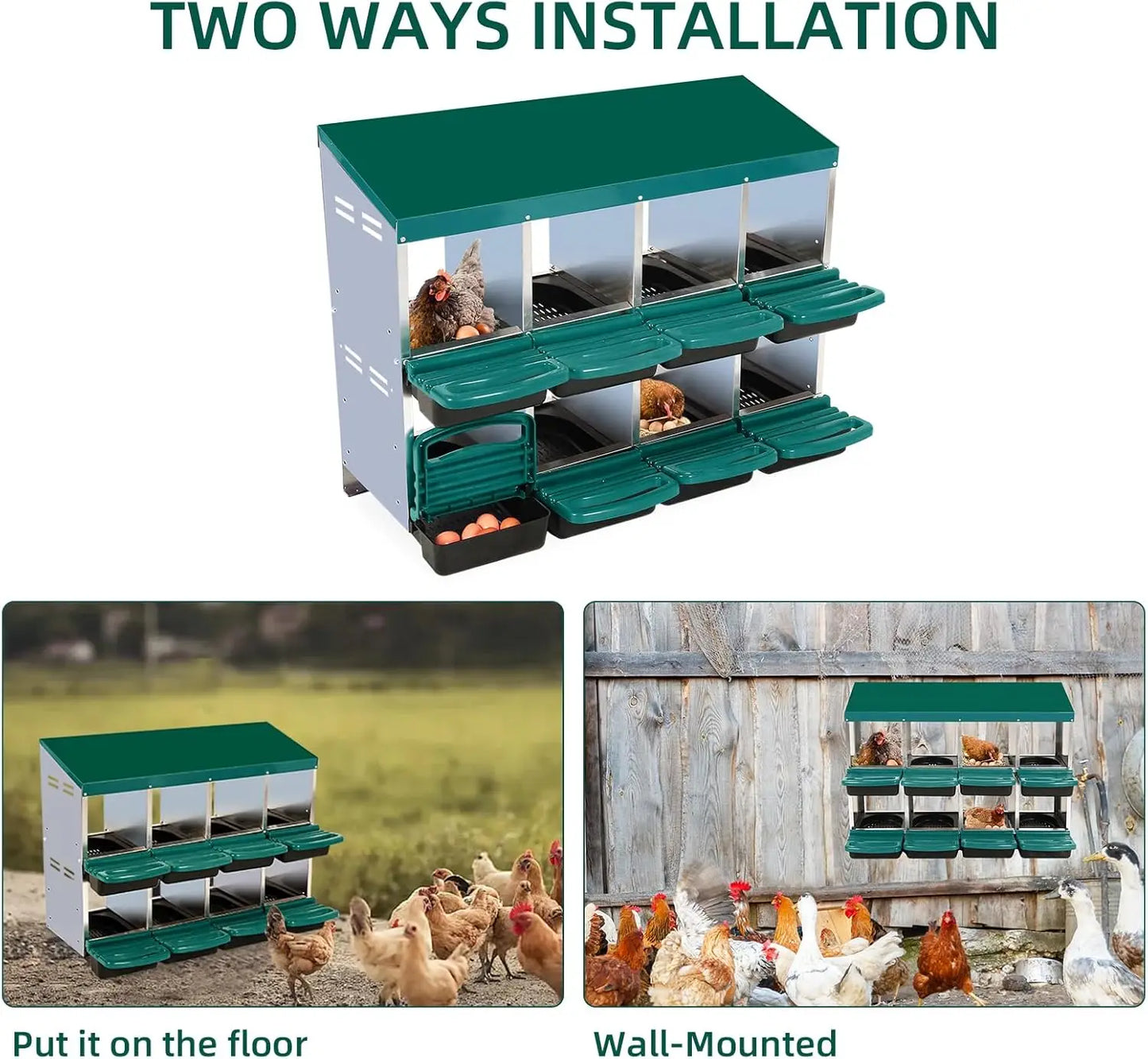 8-10 Chicken Nesting Box, Roll-Away Egg Collection System with Ventilation Holes, Chicken Laying Box for Hen & Duck