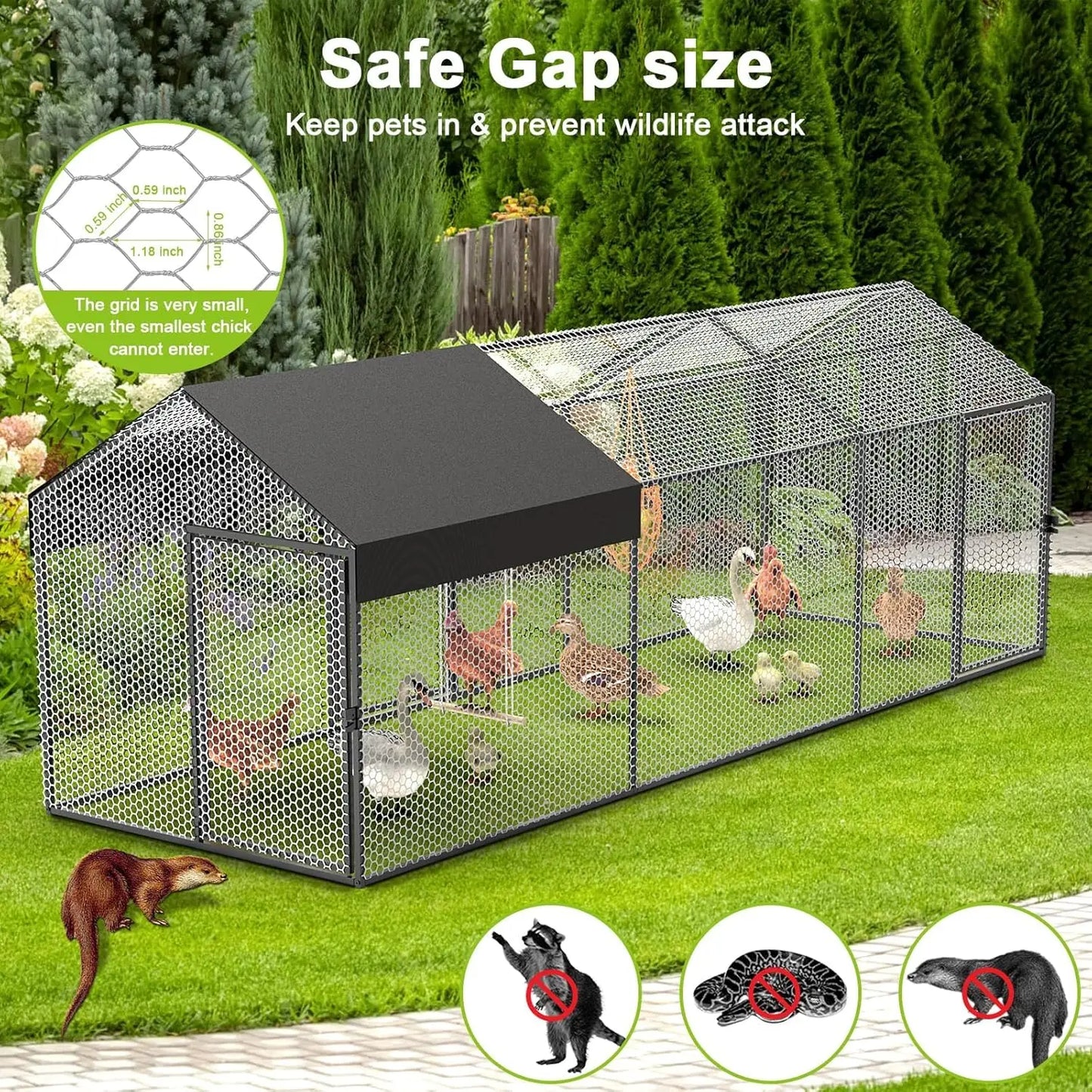 large metal chicken coop chicken run with cover for 10-12 chickens 120"×40"×40" portable poultry cage hen house outdoor backyard