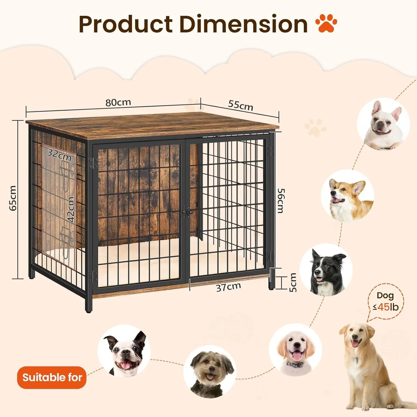 Wooden Dog Crate Furniture with Cushion, Heavy Duty Kennel End Table for Small Medium Large Dogs Indoor House
