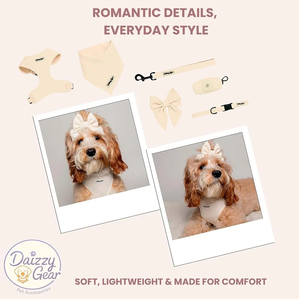 Medium Dog Harness Set No Pull Matching Leash Collar Bow Bandana Poop Bag Holder Breathable Mesh Hearts