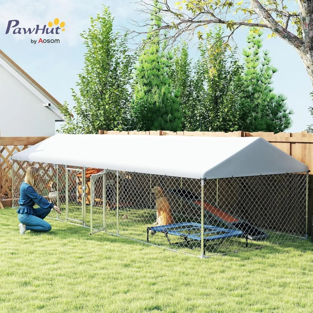 PawHut Outdoor Dog Kennel: 20ft x 7.5ft x 5.2ft, Dual-Room Heavy Duty Enclosure for Large Dogs with Waterproof Roof and Galvaniz