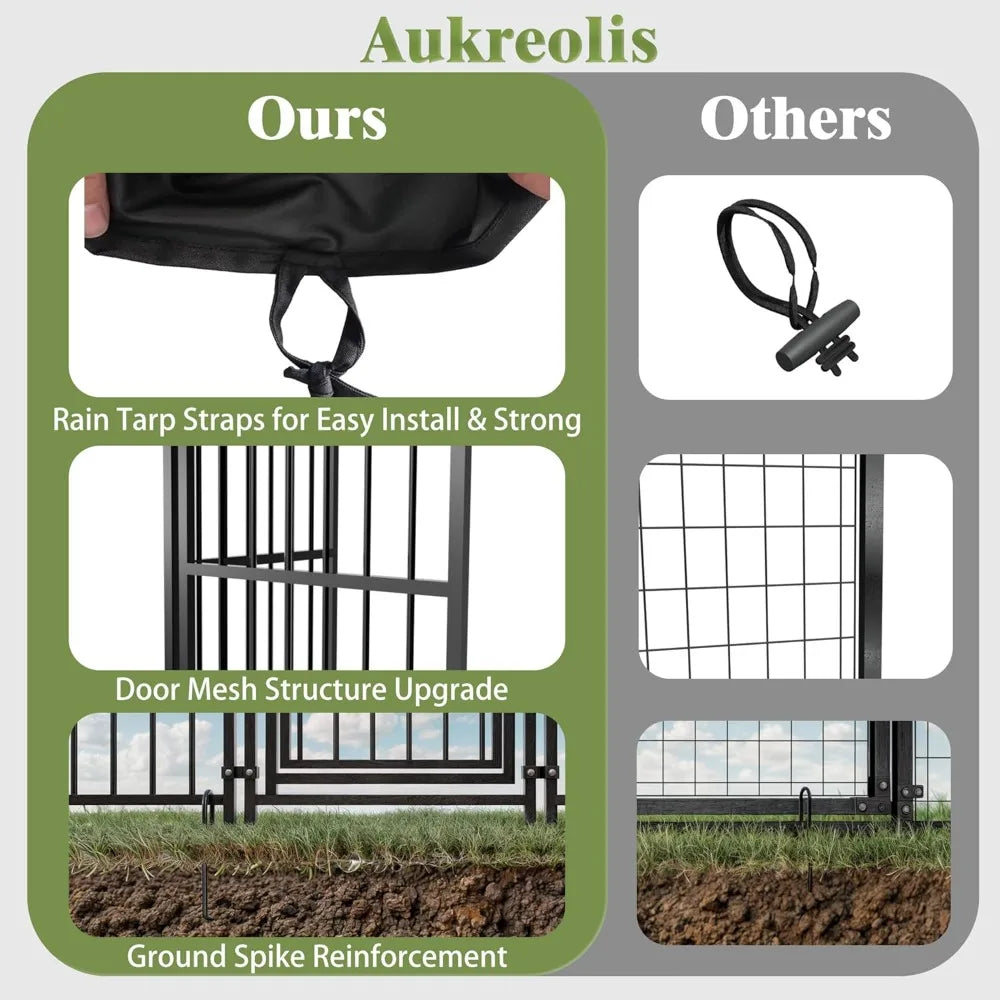 Large Dog Kennel Outside 10X10FT Heavy Duty Dog Cage with Feeding Door, Outdoor Dog Run with Roof and Double Safety Locks for Pe