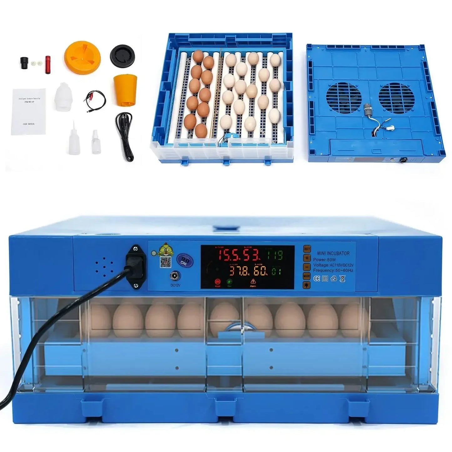 Incubator, 64 Egg Incubator 110V/12V Blue Incubator Automatic Smart Household Mini Chicken Egg Water Bed Incubator Box