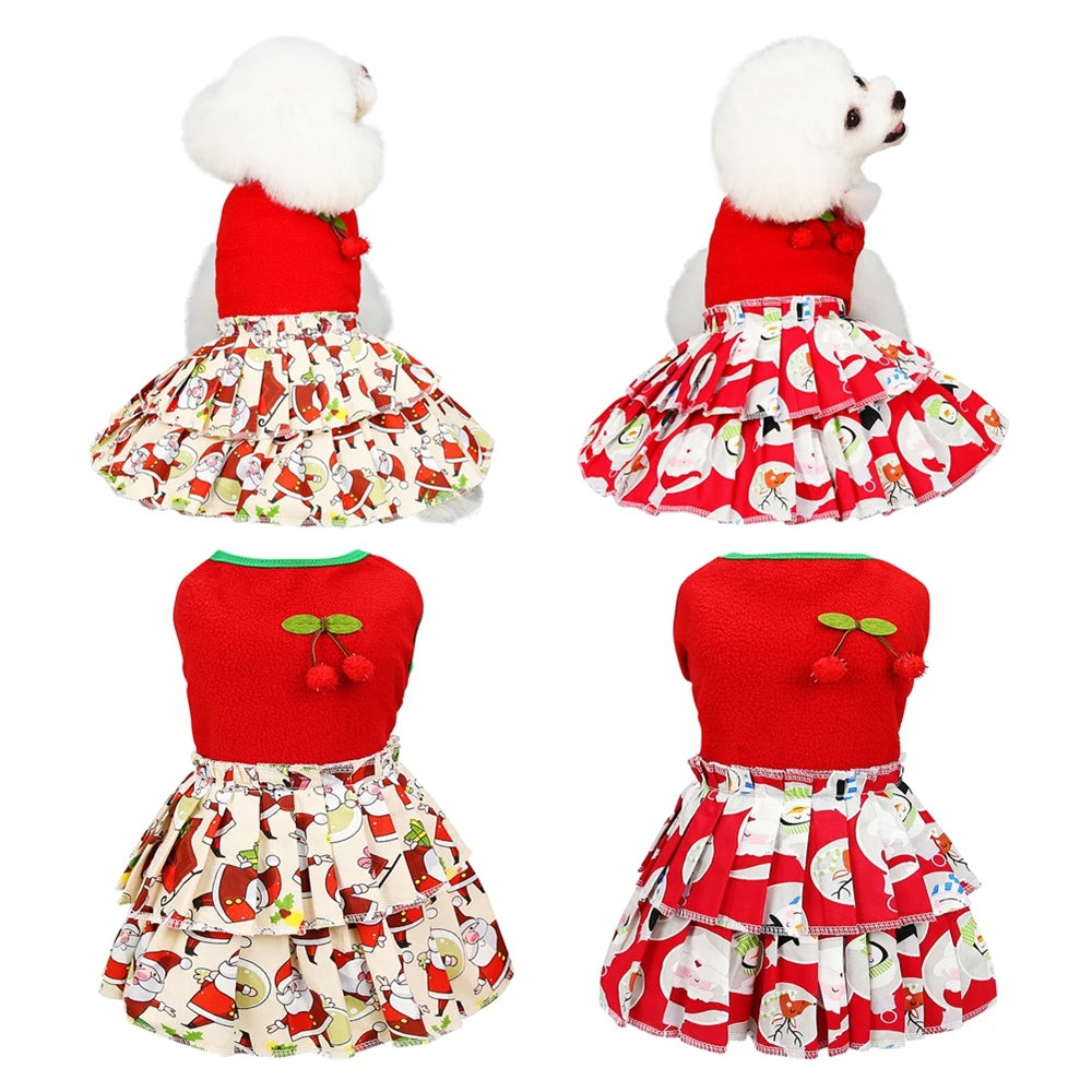 Christmas Dog Girls Costume Dress Puppy Warm Fleece Skirt Clothes Autumn Winter Pet Clothes Dog Red Skirt Fancy Dress Costume