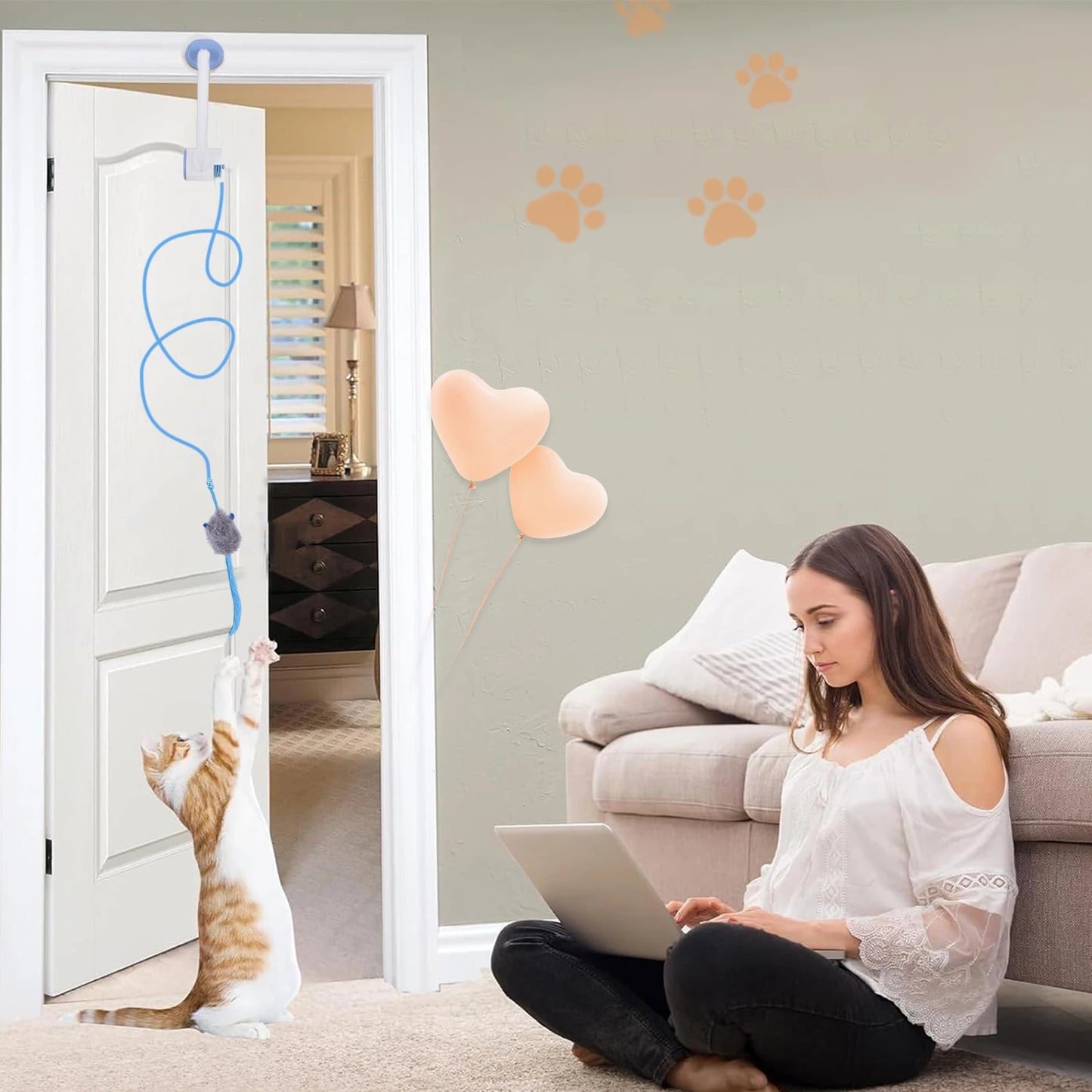 Door Hanging Automatic Retractable Kitten Toys with 3 Catnip Mice Independent Play Hanging Door Cat Toys for Bored Cats