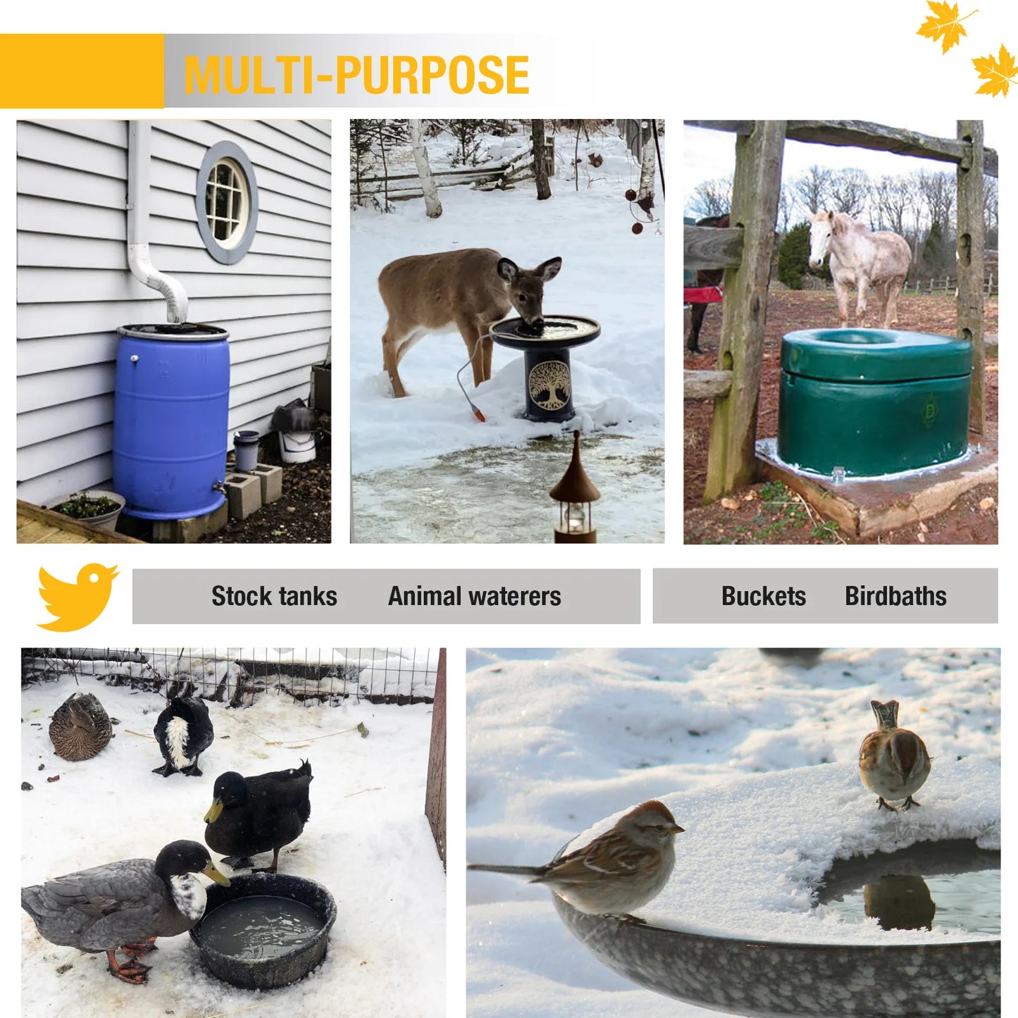 Submergible Cast Aluminum Thermostatic Control Bird Bath Heater De-Icer for Livestock Poultry Birds Cows Horses Drink Water