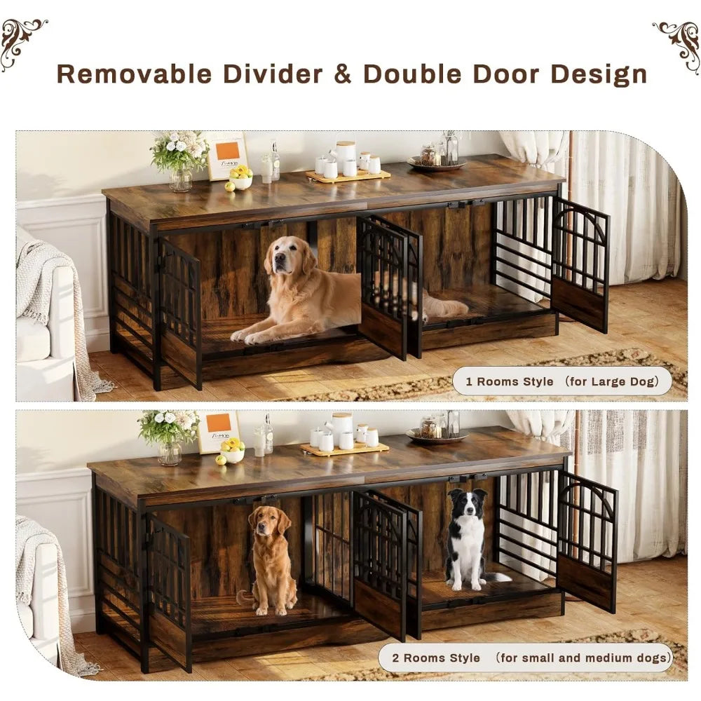 86 inch double dog crate furniture for 2 large dogs, decorative dog kennel indoor tv stand, heavy duty wooden dog cage for larg
