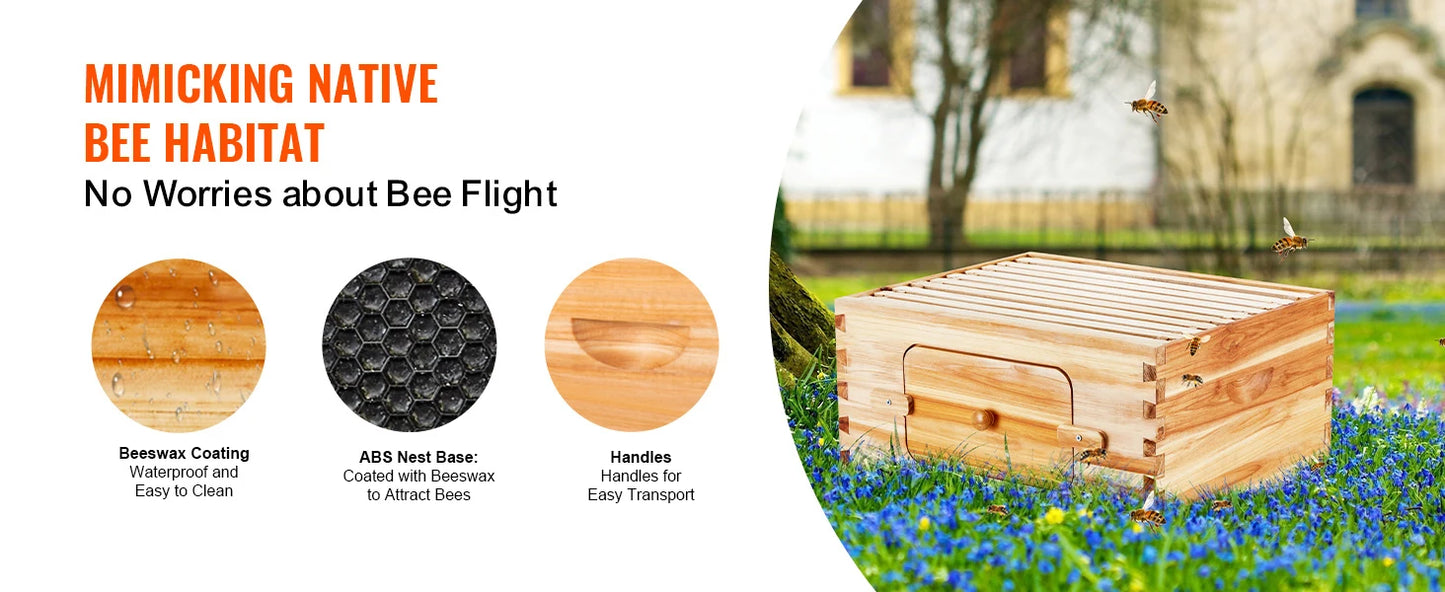 SucceBuy Bee Hive Deep Box Starter Kit 100% Beeswax Coated Natural Cedar Wood Langstroth Beehive Kit Transparent Acrylic