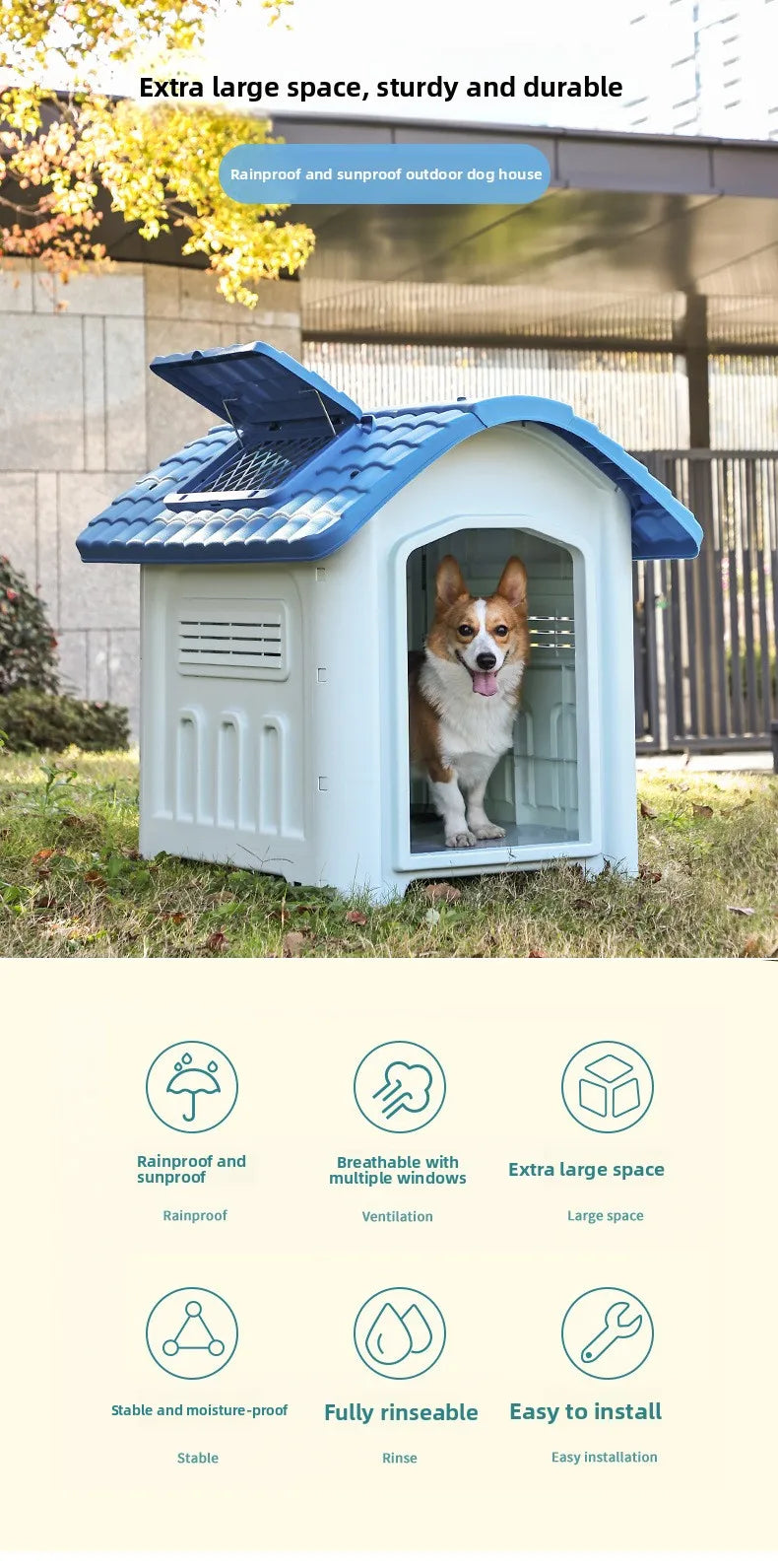 Large Waterproof Outdoor Dog House - Detachable & Washable Dog Cage for Medium/Large Breeds, All-Weather Shelter