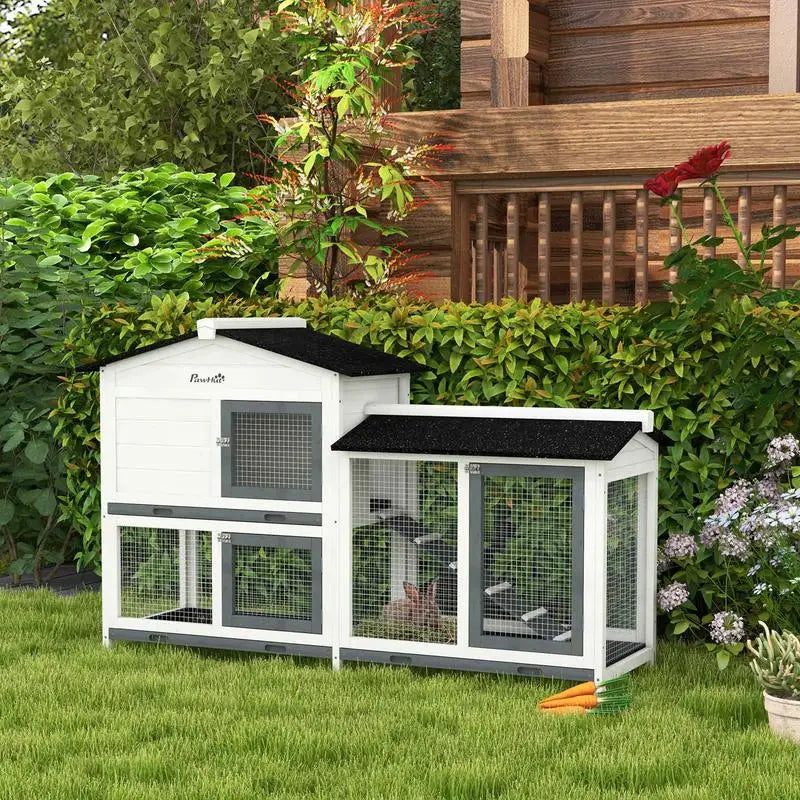 62" Rabbit Hutch Wooden Bunny Cage Guinea Pig Enclosure with Run Area Removable Tray Asphalt Roof Lockable Doors and Ramp White