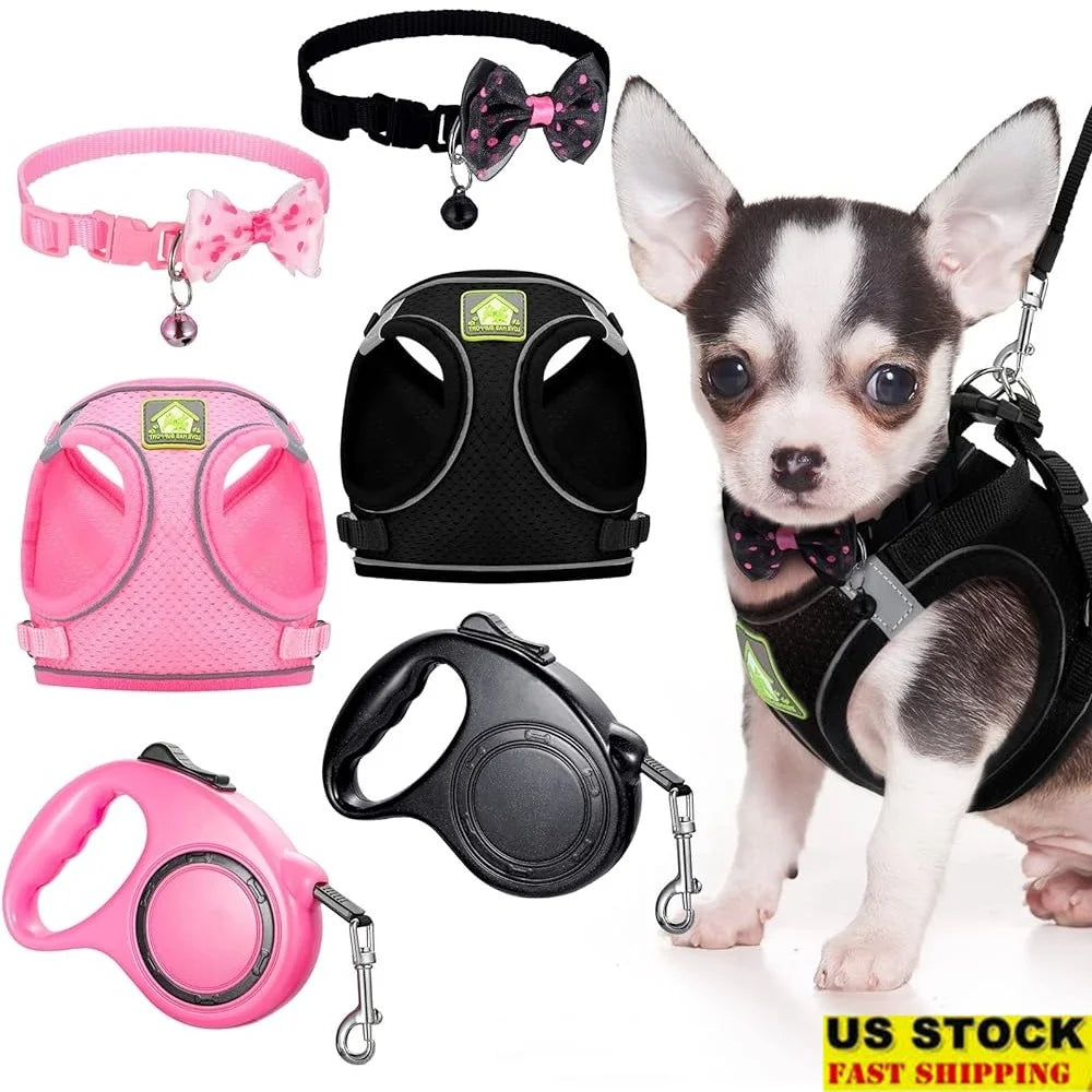 6 Pcs Dog Harness Set with Retractable Leash Bowknot Collar Mesh Vest Small Pet Training Walking