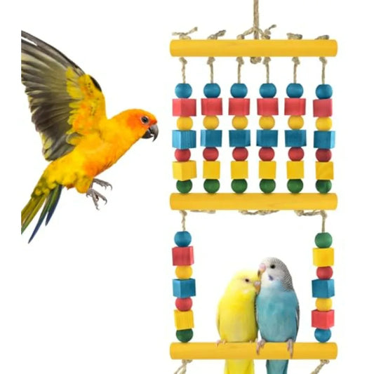 Bird Swing Parrot Chew Toy with Wooden Perches Stand Hanging Colorful Wood Block Bird Cage Accessories for Budgerigar Canaries