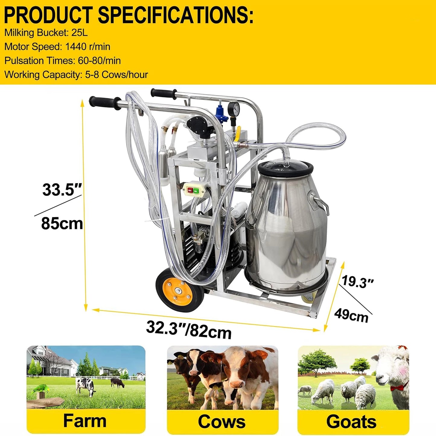 Electric Milking Machine for Cows 25L Automatic Oil-Free Vacuum Pump Goat Milker Stainless Steel Dairy Farm Milking Equipment