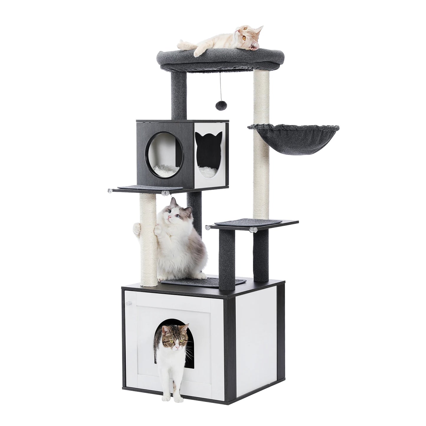 Cat Tree with Litter Box Enclosure Large Wood Cat Tower with Storage Cabinet and Cozy Cat Condo Sisal Covered Scratching Post