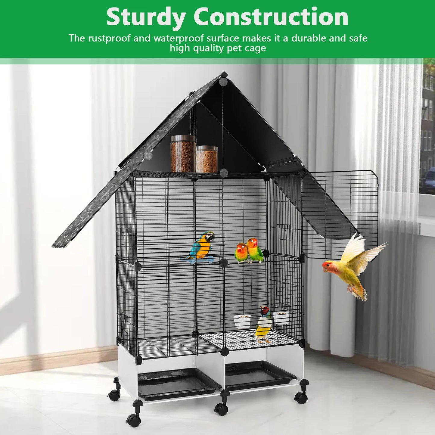 Bird Cage with Rolling Stand House Shape Bird Cage Large 2 Tier Bird Cage Bird Villa for Canary Finch Budgie Lovebirds