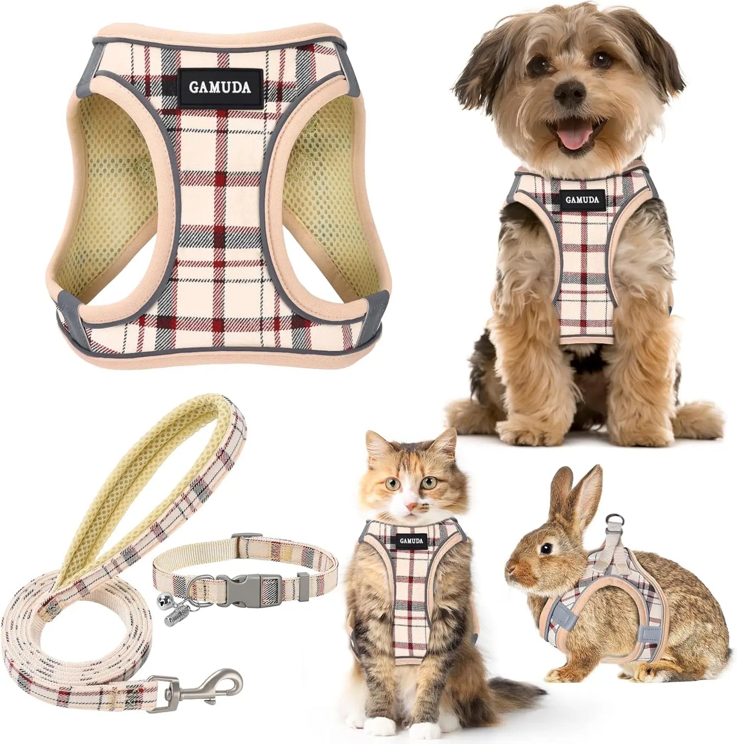Small Dog Harness Collar Leash Set, Step-in No Pull Adjustable Mesh Vest with Reflective Plaid for Puppy Cat Rabbit (Beige, S)