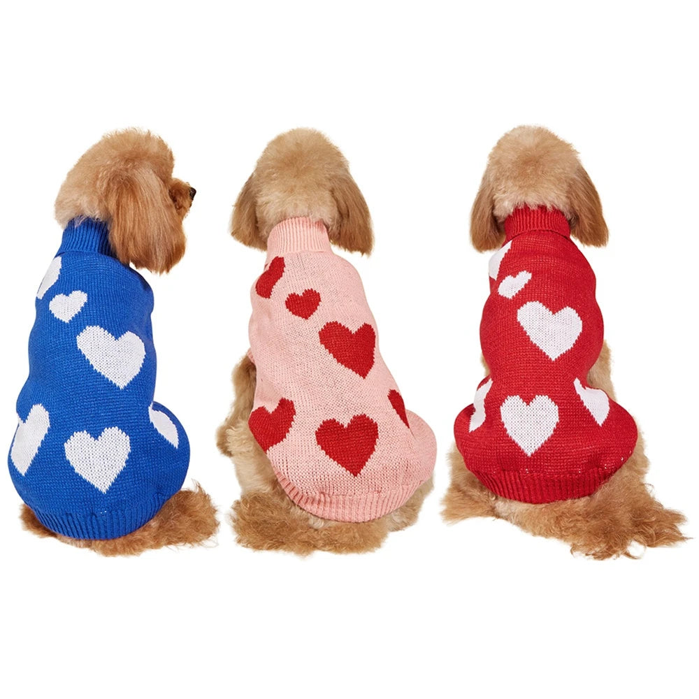 Cute Dog Sweater Heart Pattern Warm Pet Jumper Cat Puppy Coat Jacket Winter Clothes High Collar Knitwear For Cat Small Big Dog