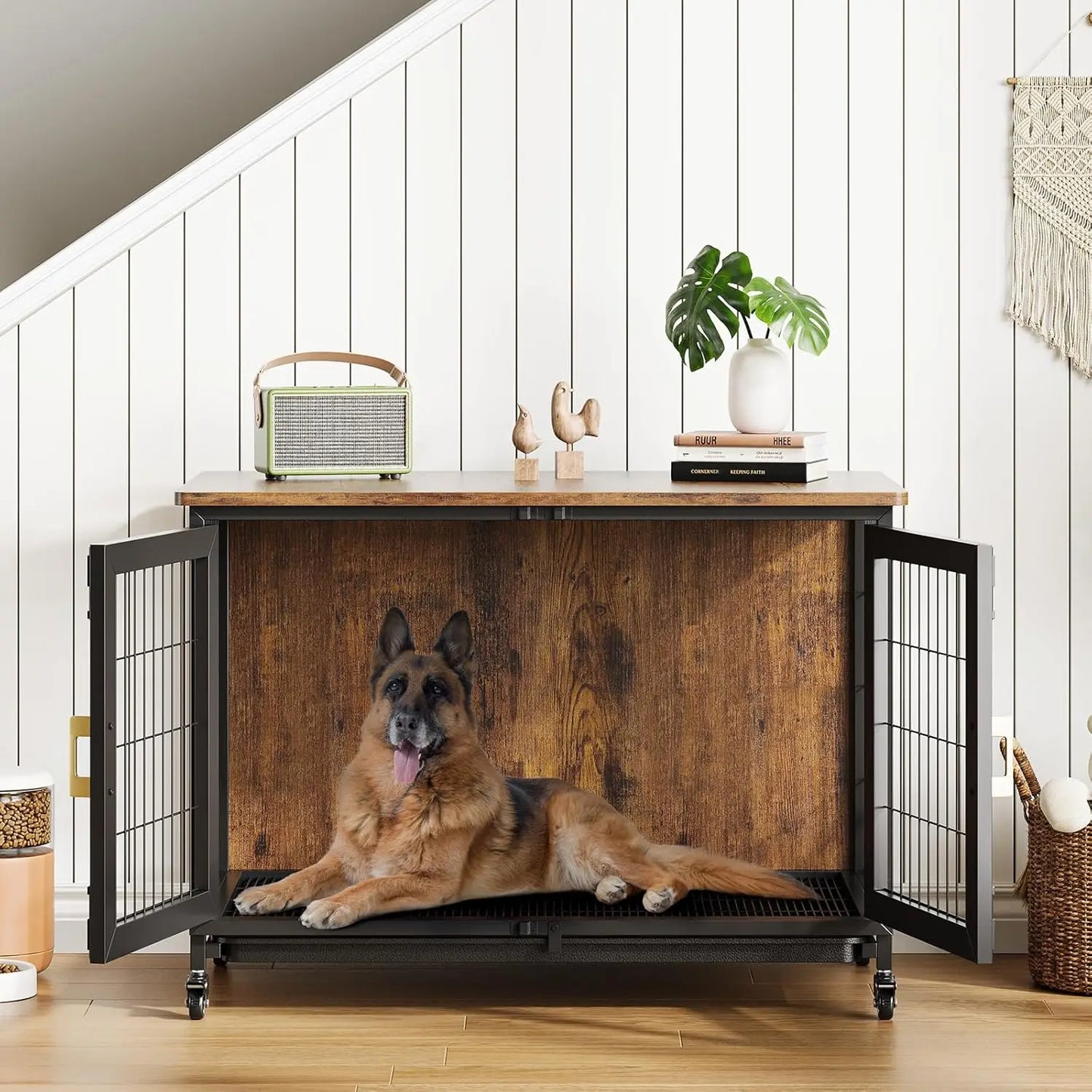 37.4 Inch Wooden Dog Crate Furniture for Small-Medium-Large Dogs, Heavy Duty Dog Kennel Furniture Indoor with Wheels