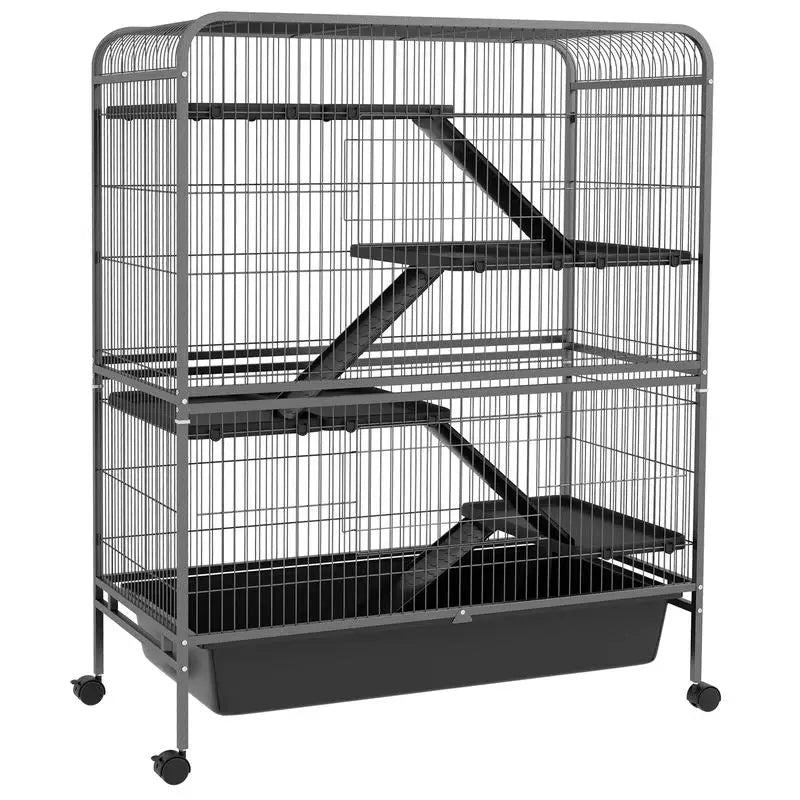 53.5" Small Animal Cage, 5-Level Metal Ferret or Bunny Habitat with Wheels, Removable Tray, 2 Front Doors, Ramps, Gray Color