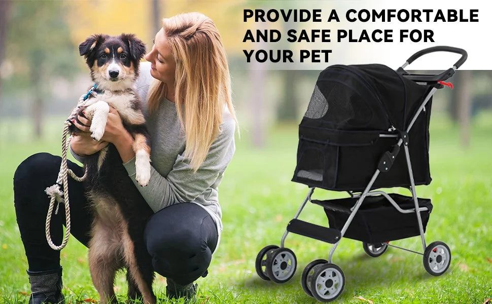 4 Wheels Dog Stroller,Pet Stroller Folding Carrier Waterproof Puppy with Cup Holder & Removable Liner for Small Medium Dogs Cats