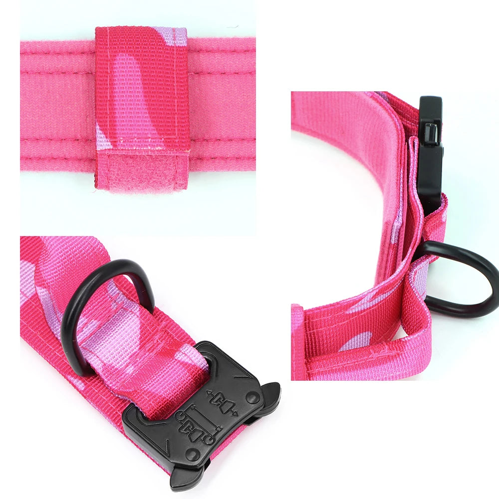 Pink Reflective Dog Harness with 4 Metal Buckles Military Tactical Pet Training, Camouflage Leash Collar for Large Dogs