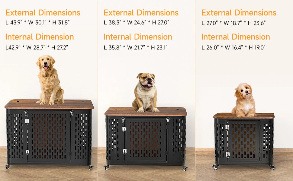 Dog Crate Pet Furniture with Cushion Wood Dog Kennel with Flexible Wheels Multi-Purpose Dog Cage for Large Small Medium Dogs