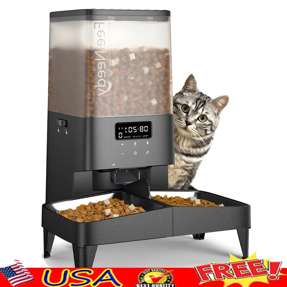 Automatic Cat Feeder 5L Timed Pet Food Dispenser Elevated Feeding Station with 2 Stainless Steel Bowls Voice Recording