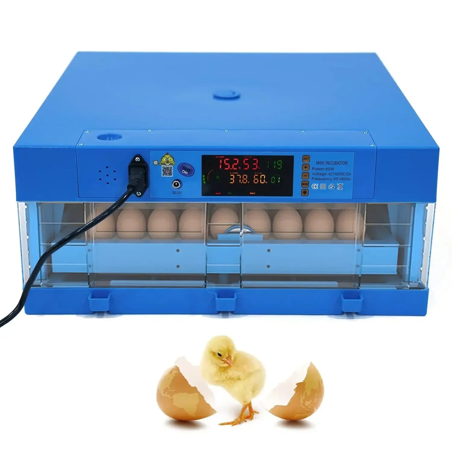 Incubator, 64 Egg Incubator 110V/12V Blue Incubator Automatic Smart Household Mini Chicken Egg Water Bed Incubator Box