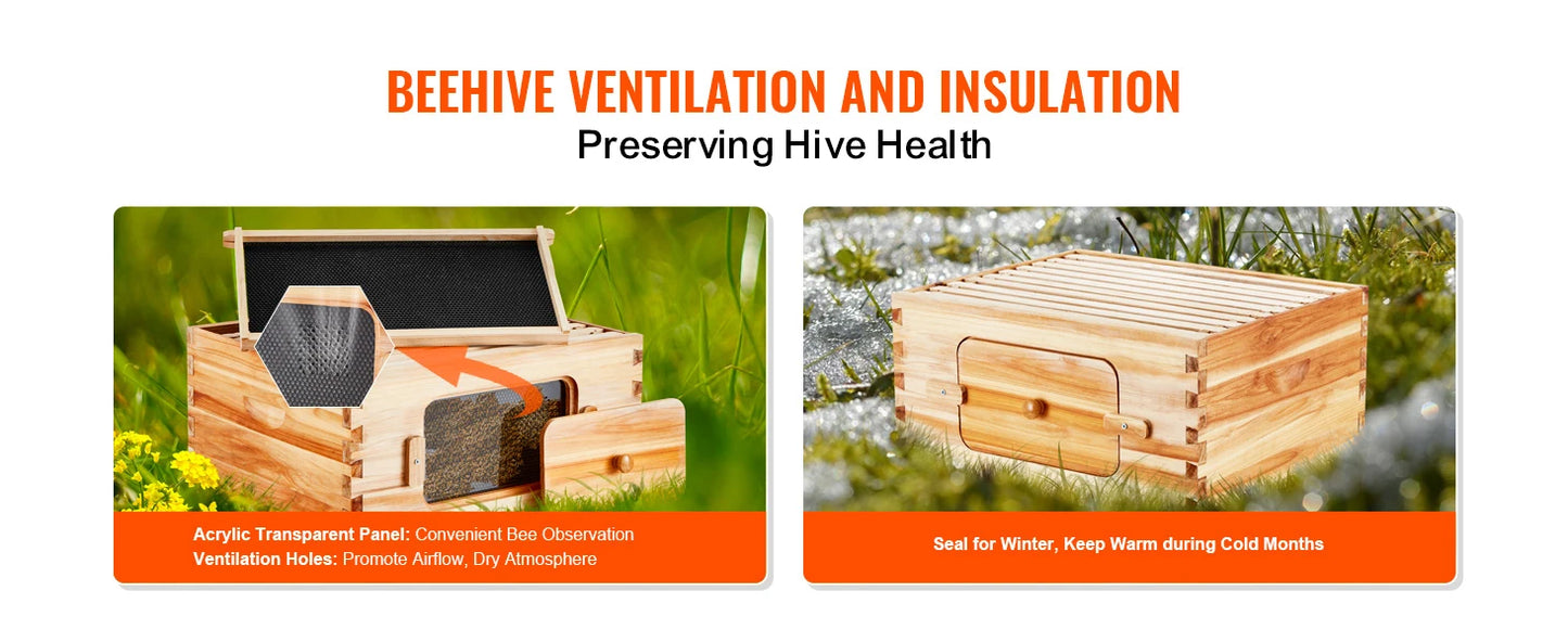 SucceBuy Bee Hive Deep Box Starter Kit 100% Beeswax Coated Natural Cedar Wood Langstroth Beehive Kit Transparent Acrylic