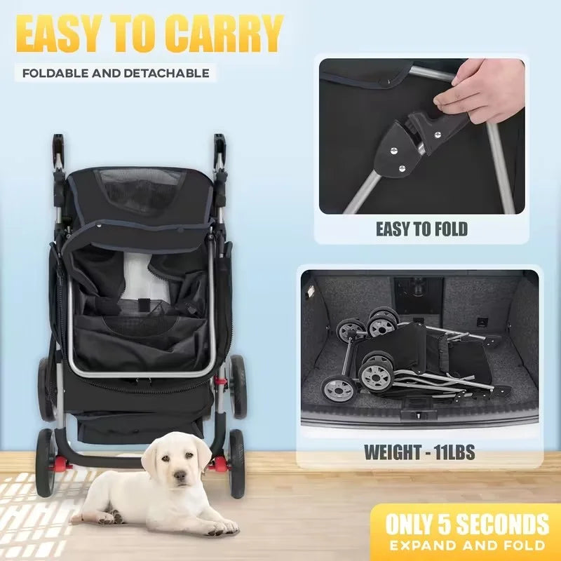 4 Wheels Dog Stroller,Pet Stroller Folding Carrier Waterproof Puppy with Cup Holder & Removable Liner for Small Medium Dogs Cats