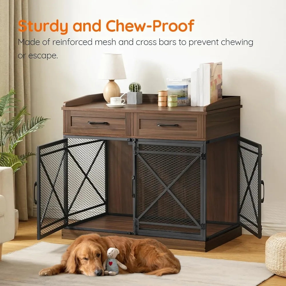 Heavy Duty Dog Crate Furniture, 39.4” Dog Kennel with Drawers, Wooden  Cage Indoor Side End Table for Medium Large Dog