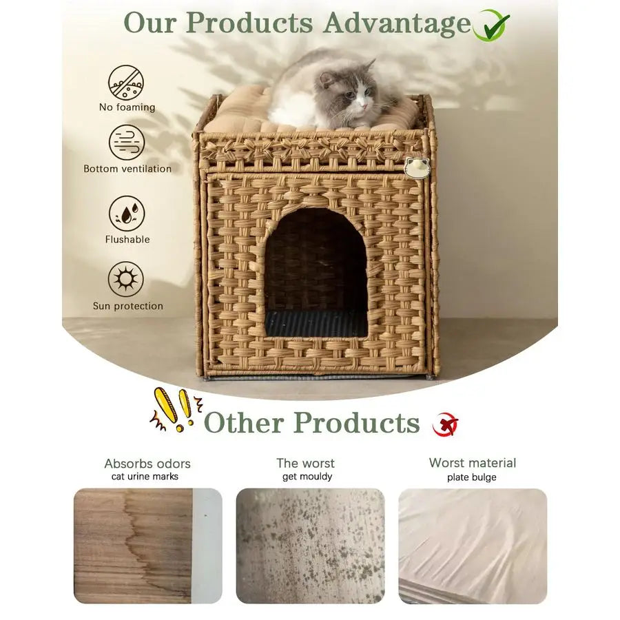 Litter Box Enclosure Furniture, Hidden Litter Box with Mat and Fence, Handwoven Rattan Cat House with Two SShaped Hooks for Livi