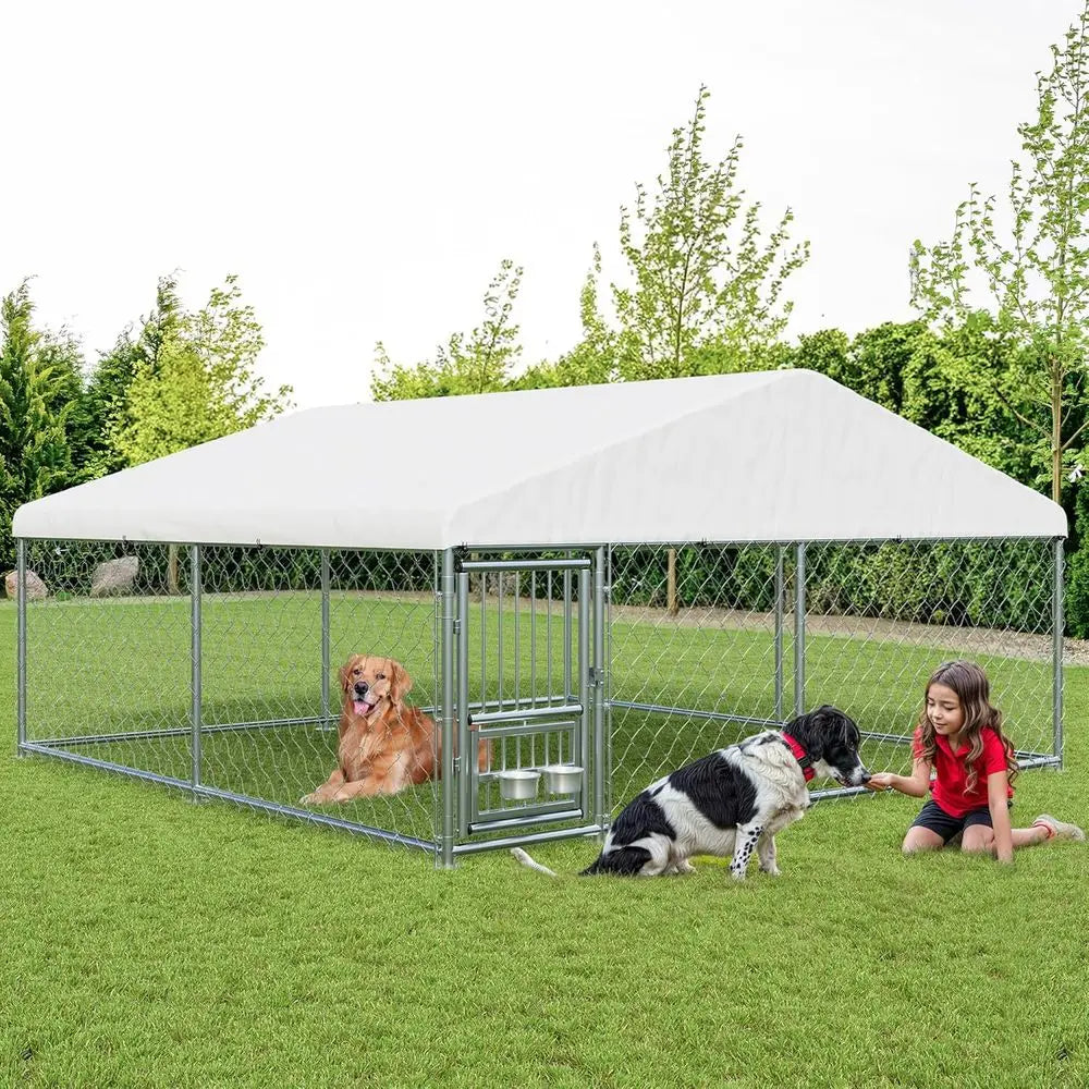 10x10 Ft Outdoor Dog Kennel with Waterproof Cover, Rotating Bowls, Ideal for Backyard Farm Use