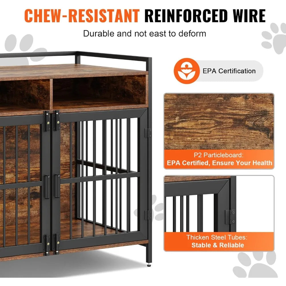 Furniture Style Dog Crate with Storage, 41 inch Dog Crate Furniture Large Breed with Double Doors, Wooden Dog Cage for Large/Me