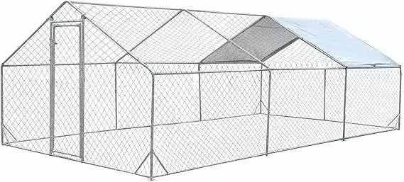 Large Metal Chicken Run Walk-in Poultry Cage Spire-Shaped Chicken Coop with Waterproof and Anti-Ultraviolet Cover for Outside,Ba