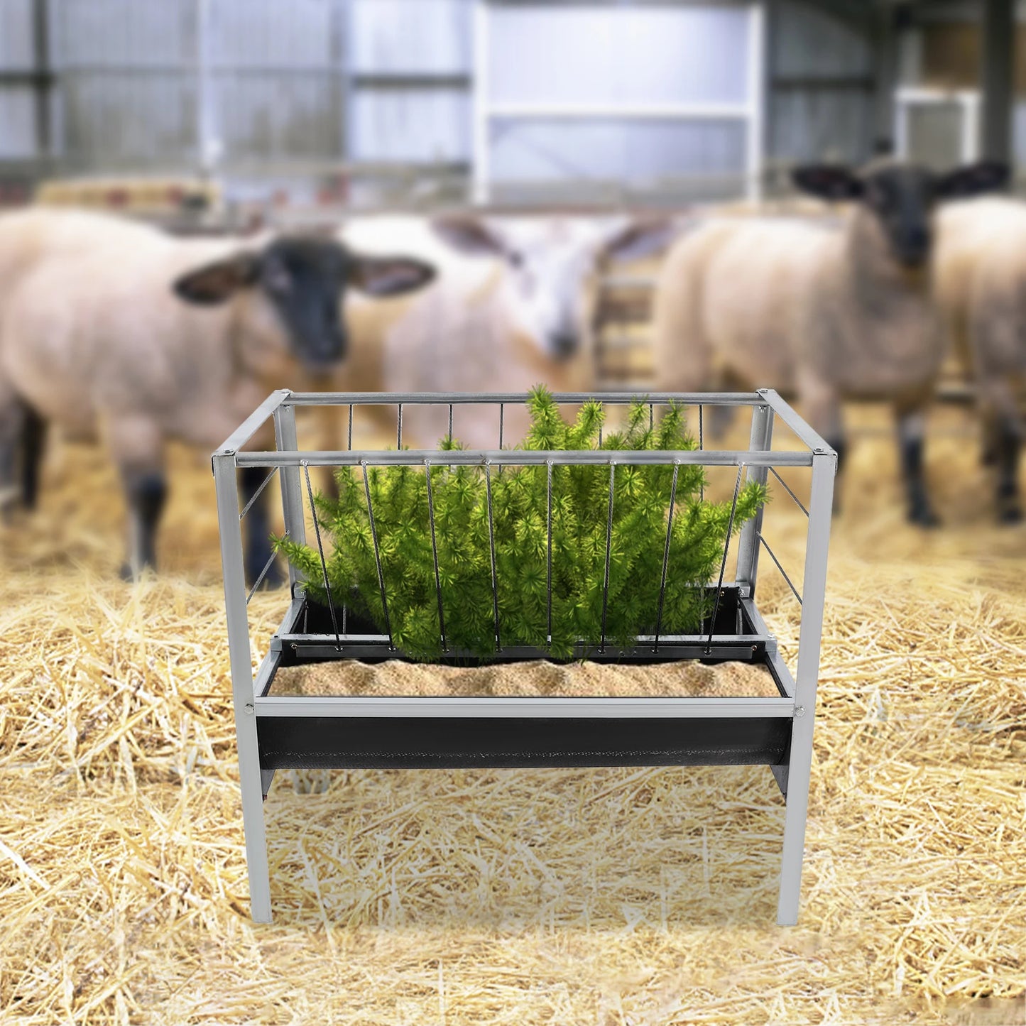 Livestock Feed Iron Trough,Silver+ Black Rectangular 2-in-1 Grain& Hay Feeder ,Floor Standing 100*65*85cm for Goats Sheep