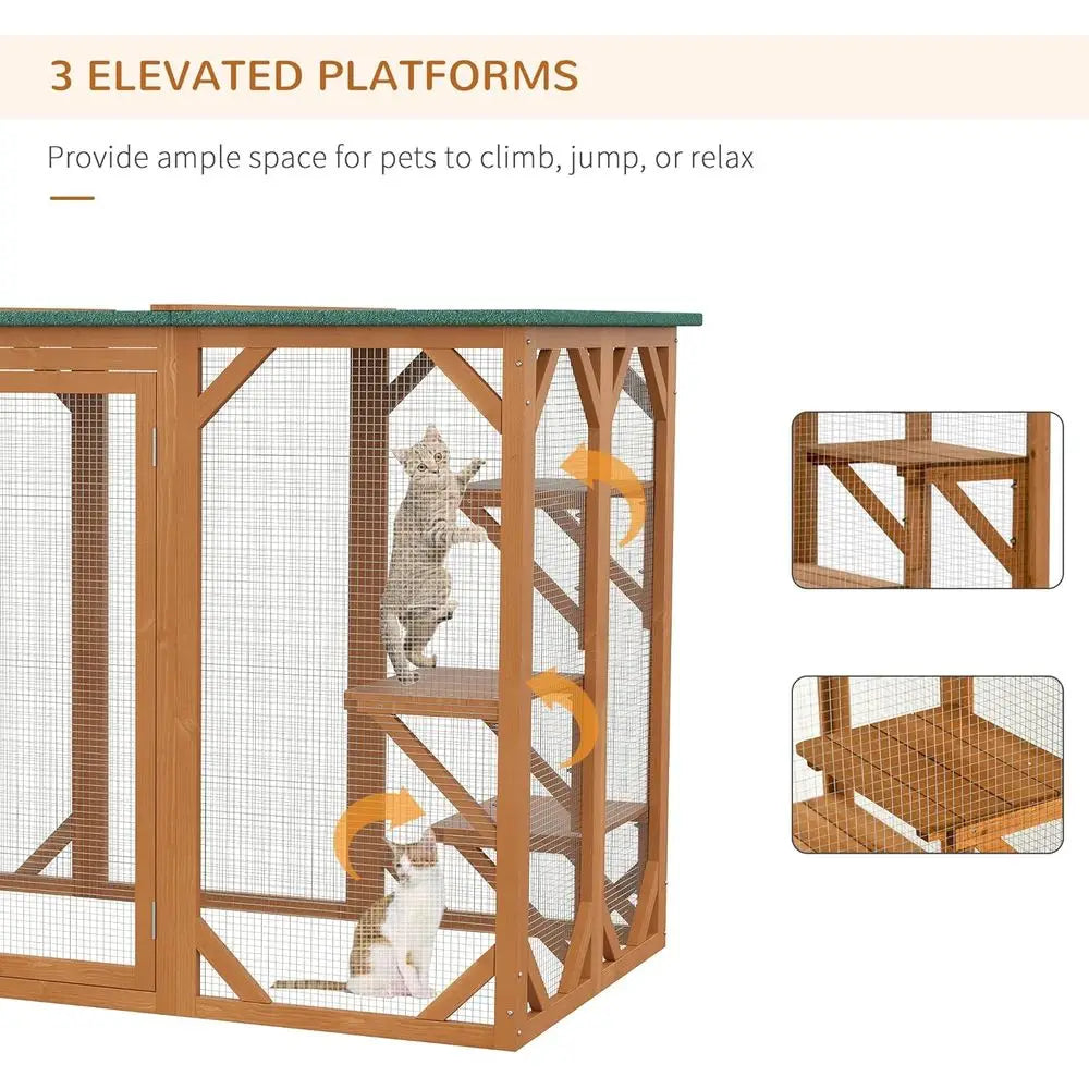 Catio Wooden Feral Cat Shelter with Platforms, Large Door, Weather Protection Roof, 71 L, Orange