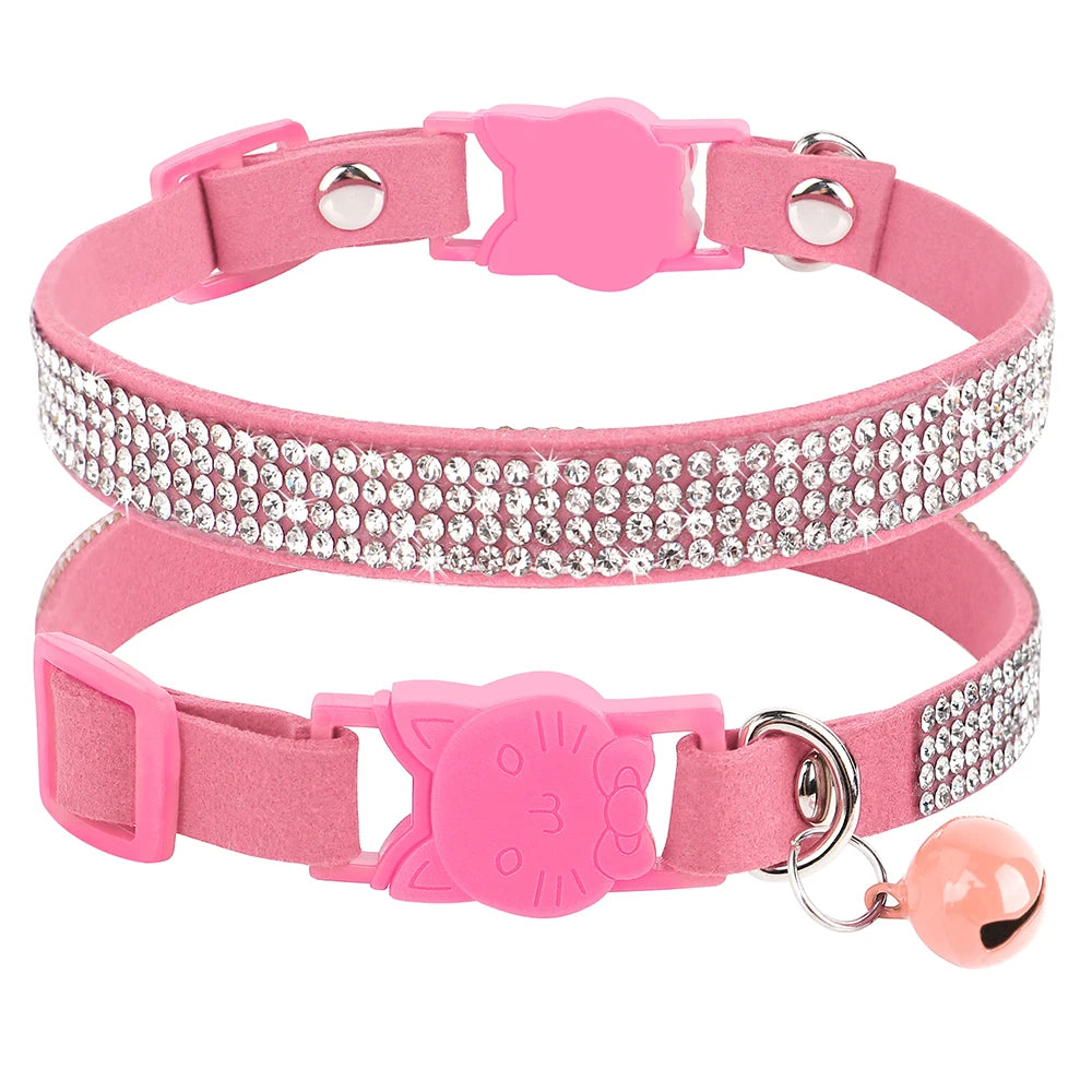 Rhinestone Bling Soft Pink Suede Cat Collar with Bell Safety Breakaway Buckle Adjustable XS/S Sizes for Kitten