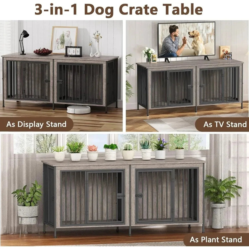 78 Inch Dog Cage Furniture for 2 Pets with Divider, XXL Wooden Double Dog Crate Furniture TV Stand for Mideum and Large Breed,