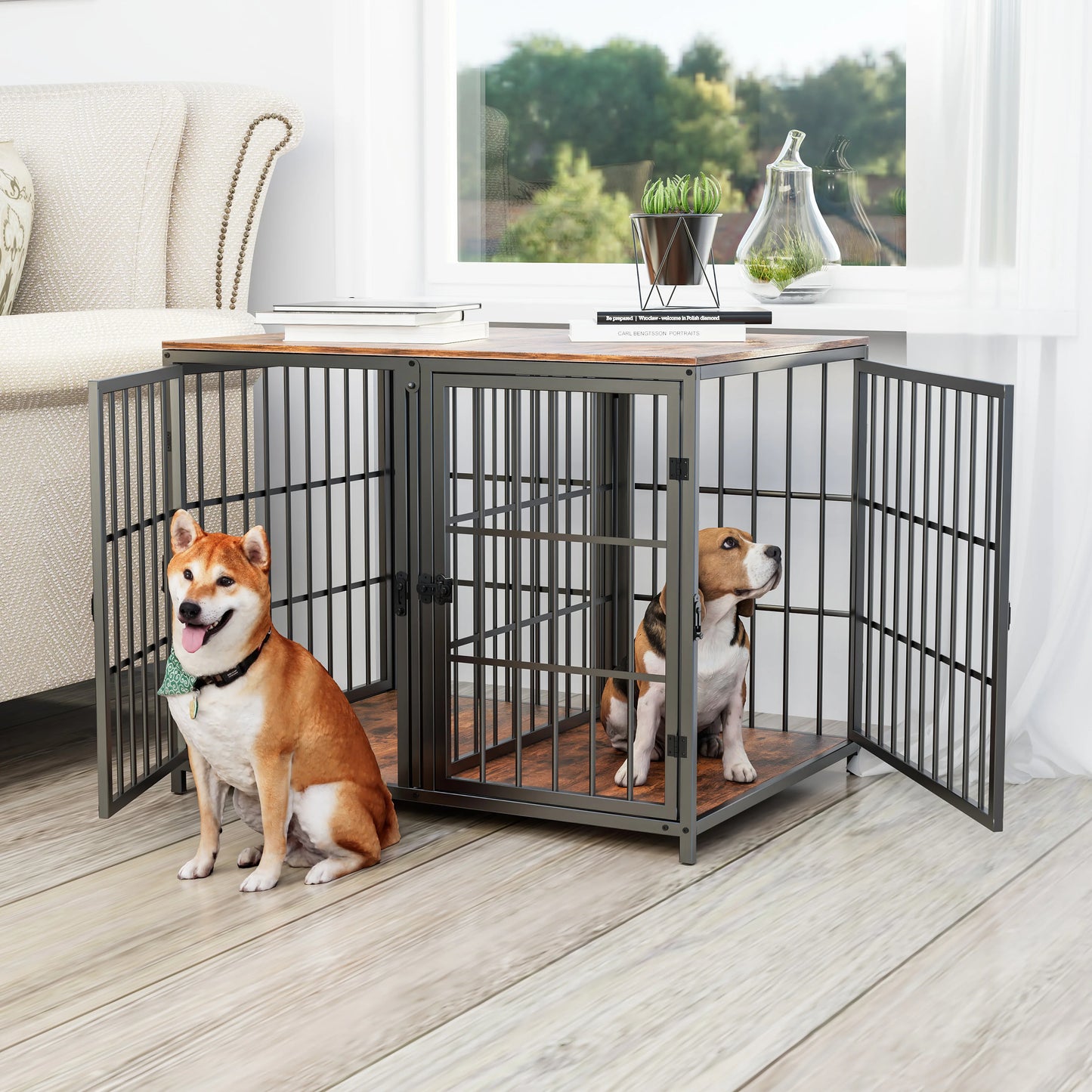 Heavy Duty Dog House End Table Furniture with Four Doors and Lock Latches Divider Wood Metal Pet Kennel Cage Crate