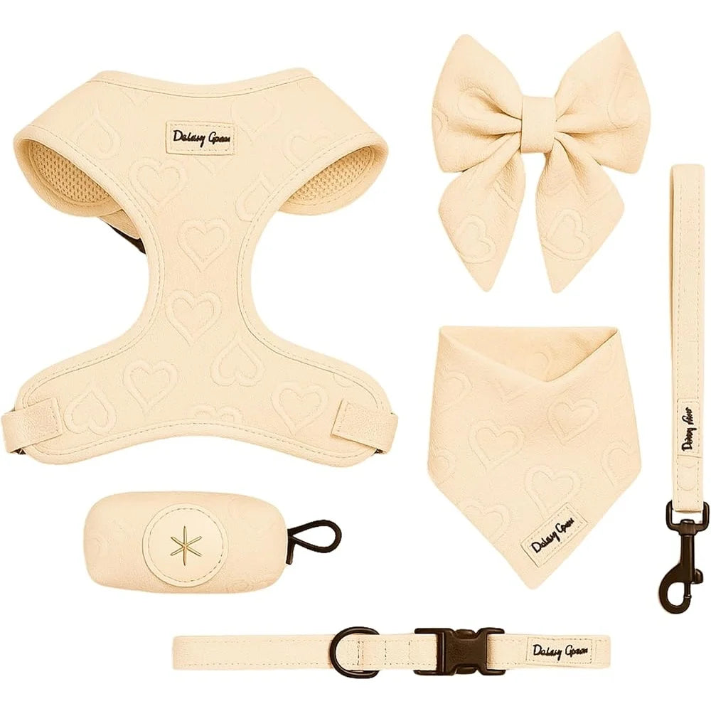 Medium Dog Harness Set No Pull Matching Leash Collar Bow Bandana Poop Bag Holder Breathable Mesh Hearts